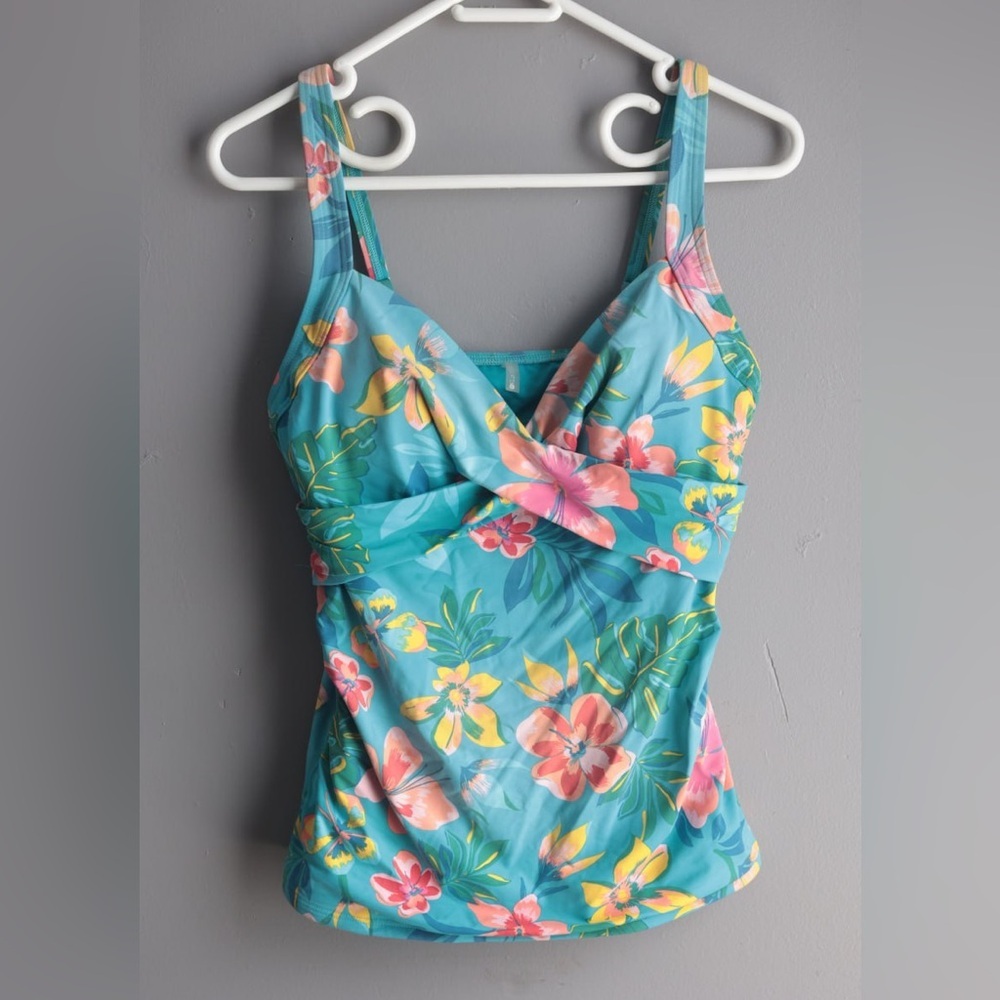 Lands' End‎ Blue Multicolor Amaryllis Floral Tropical Tankini Tank Top 10 Swim